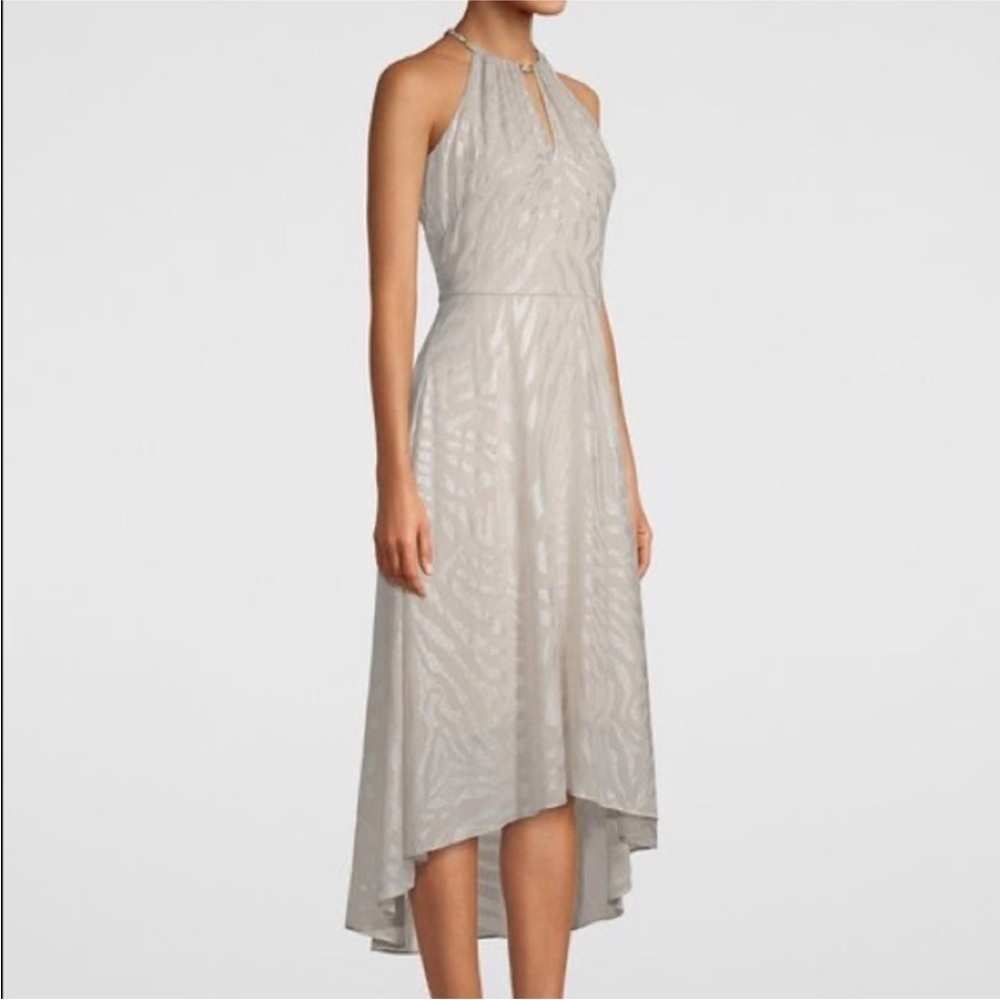 WHITE HOUSE BLACK MARKET Zebra Burnout High‎ Low Dress size 14 Gold Chain Party